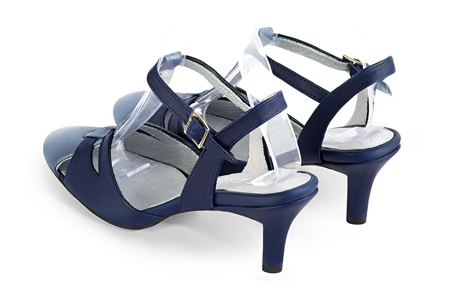 Prussian blue women's open back T-strap shoes. Round toe. Medium slim heel. Rear view - Florence KOOIJMAN